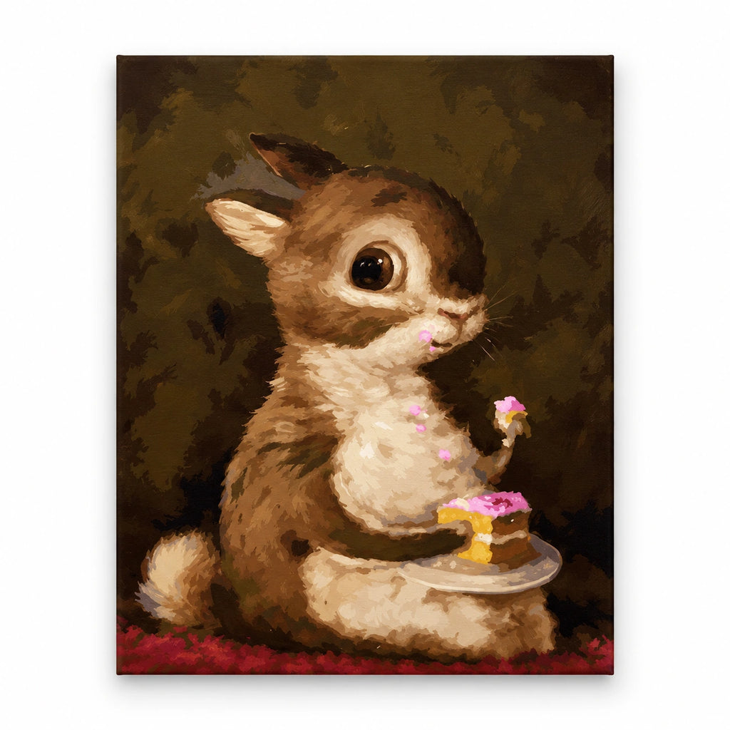 Baby Rabbit with Pink Frosted Cake artwork on a front-facing frameless canvas against a white background.
