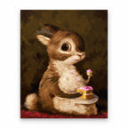 Baby Rabbit with Pink Frosted Cake artwork on a front-facing frameless canvas against a white background.