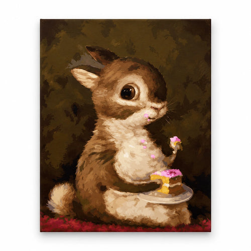 Baby Rabbit with Pink Frosted Cake artwork on a front-facing frameless canvas against a white background.