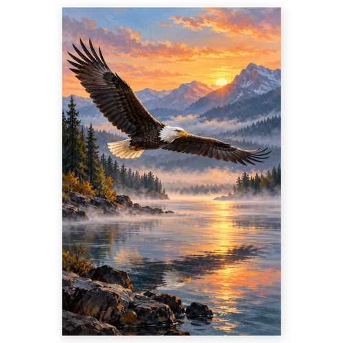 Bald Eagle over a Lake at Sunset paint by numbers artwork on a front-facing canvas against a white background