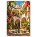 `01-barcelona-bougainvillea-courtyard-fountain-hero.webp` — Complete portrait paint by numbers artwork of a sunlit Mediterranean courtyard with bougainvillea, palms, arches, and a stone fountain, centered on white with a soft shadow.