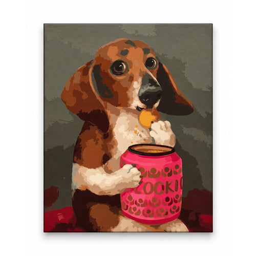Beagle with a Pink Cookie Jar artwork on a front-facing frameless canvas against a white background.