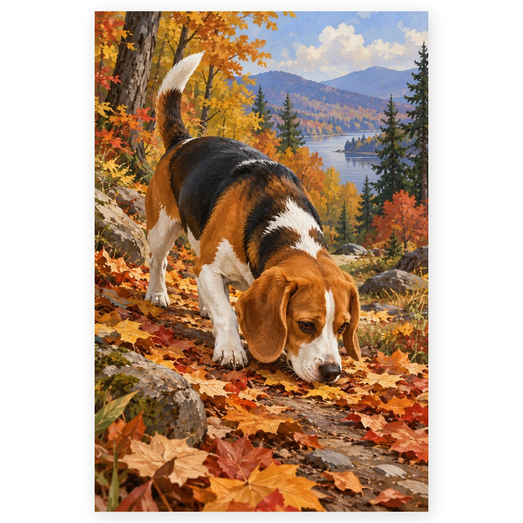 Beagle Scent on Forest Trail paint by numbers artwork on a front-facing canvas against a white background
