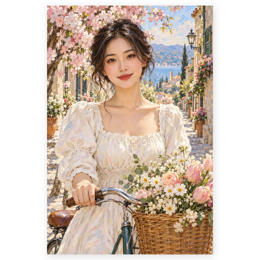 A young woman stands with her flower-basket bicycle on a spring street lined with pink cherry blossoms. Full original portrait artwork on a clean white background with a subtle soft shadow and original proportions preserved.