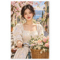 A young woman stands with her flower-basket bicycle on a spring street lined with pink cherry blossoms. Full original portrait artwork on a clean white background with a subtle soft shadow and original proportions preserved.
