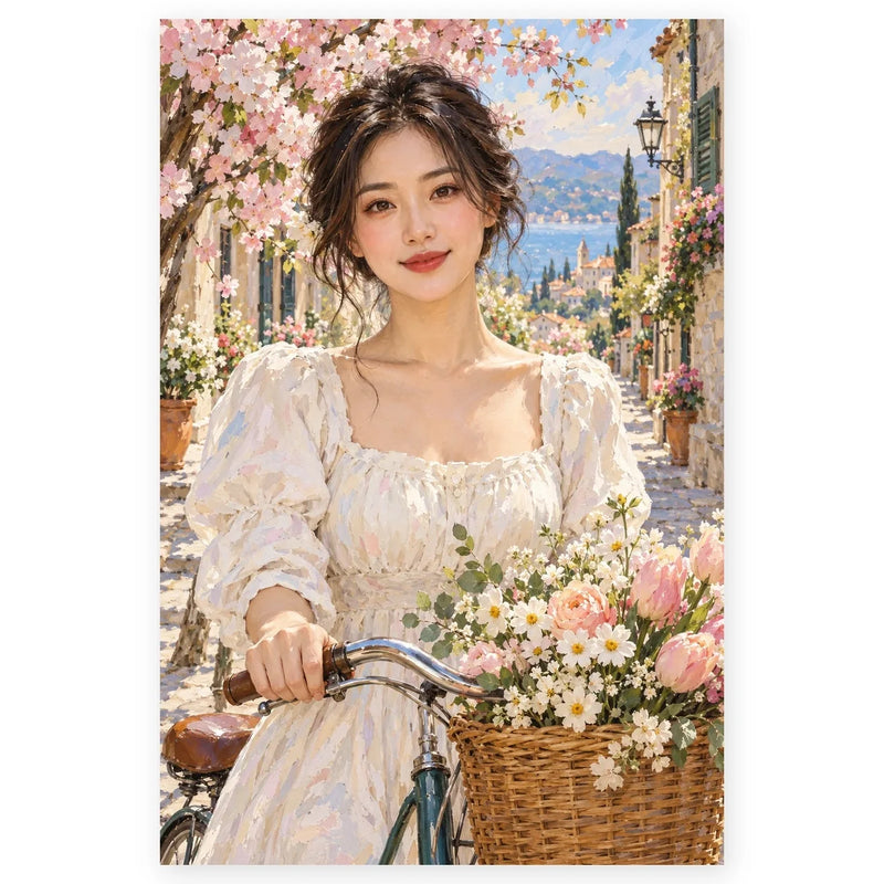A young woman stands with her flower-basket bicycle on a spring street lined with pink cherry blossoms. Full original portrait artwork on a clean white background with a subtle soft shadow and original proportions preserved.