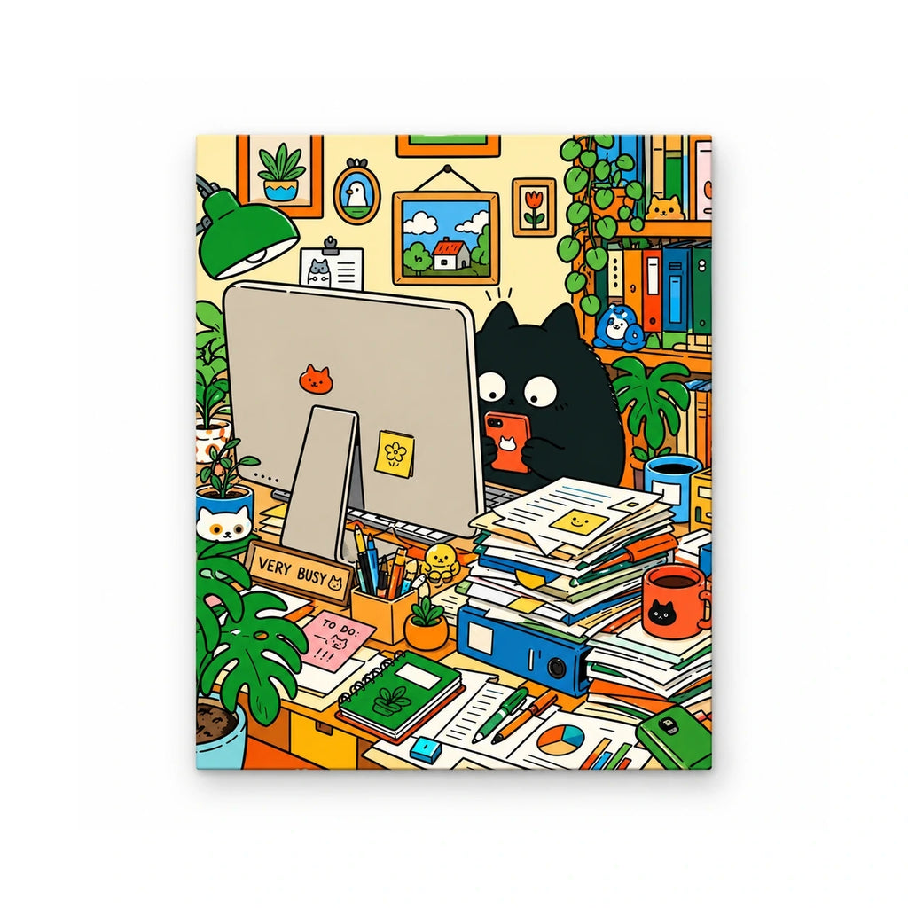 Black Cat Busy Office Desk paint by numbers artwork on a front-facing canvas against a white background
