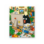 Black Cat Busy Office Desk paint by numbers artwork on a front-facing canvas against a white background