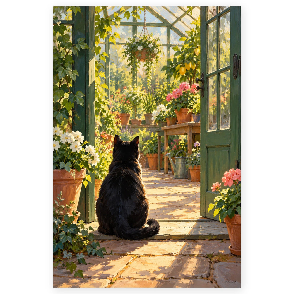 Black Cat In Greenhouse Door paint by numbers artwork on a front-facing canvas against a white background