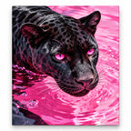 Black Panther in Hot Pink Water paint by numbers artwork on a front-facing canvas against a white background