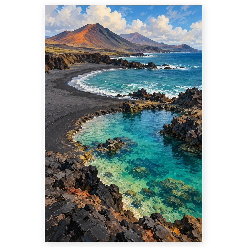 Full black sand volcanic coast paint by numbers artwork on a clean white background.