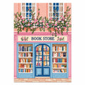 Completed pink floral bookshop artwork on white, diamond painting kit