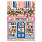 Completed pink floral bookshop artwork on white, diamond painting kit