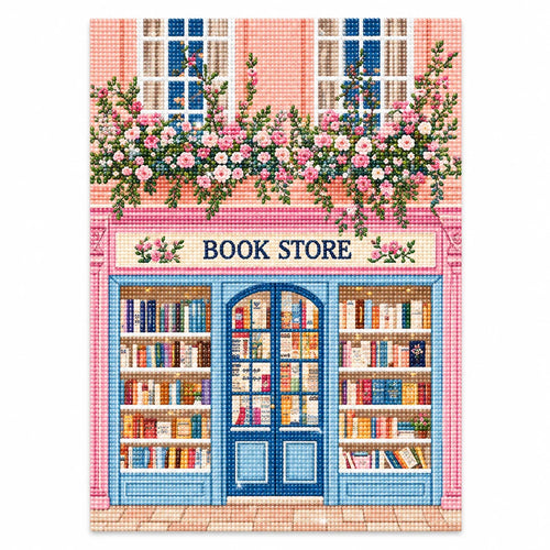 Completed pink floral bookshop artwork on white, diamond painting kit