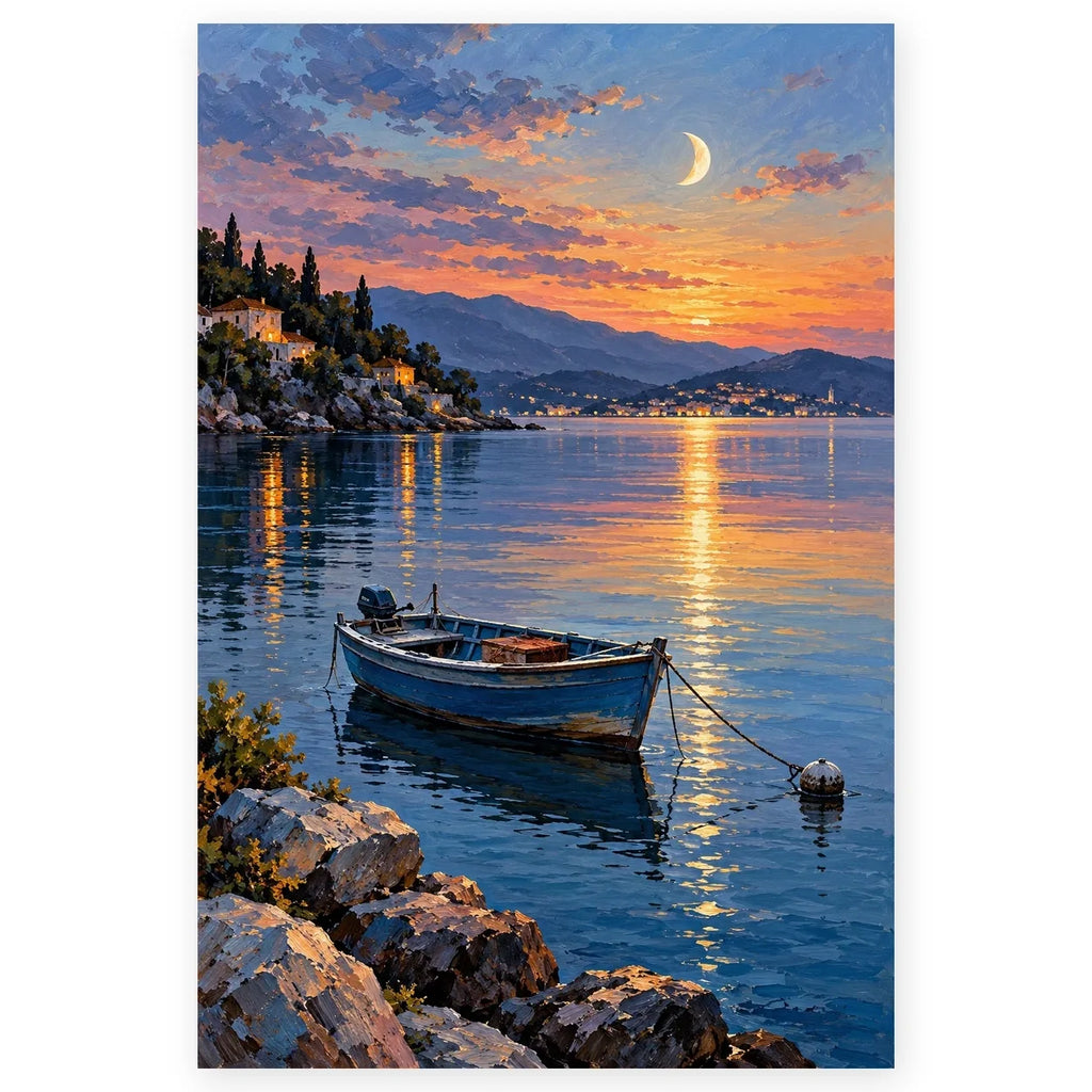 Full blue fishing skiff moonrise paint by numbers artwork on a clean white background.