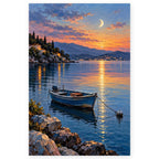 Full blue fishing skiff moonrise paint by numbers artwork on a clean white background.