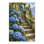Blue hydrangeas and stone garden steps paint by numbers canvas shown in full on a white background.