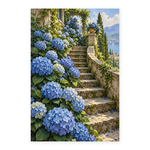 Blue hydrangeas and stone garden steps paint by numbers canvas shown in full on a white background.