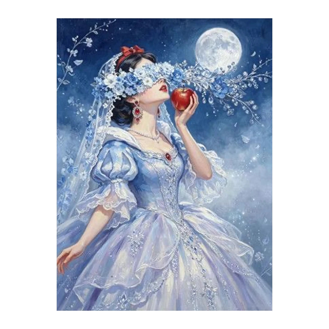 White-background original artwork of a blue moon bride in a pale gown holding a red apple