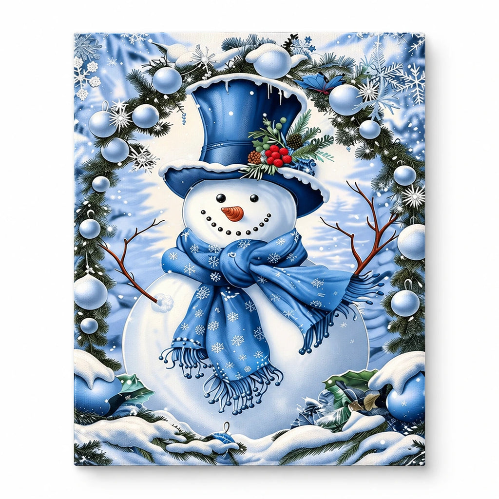 Blue Scarf Snowman paint by numbers artwork on a front-facing canvas against a white background
