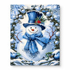 Blue Scarf Snowman paint by numbers artwork on a front-facing canvas against a white background