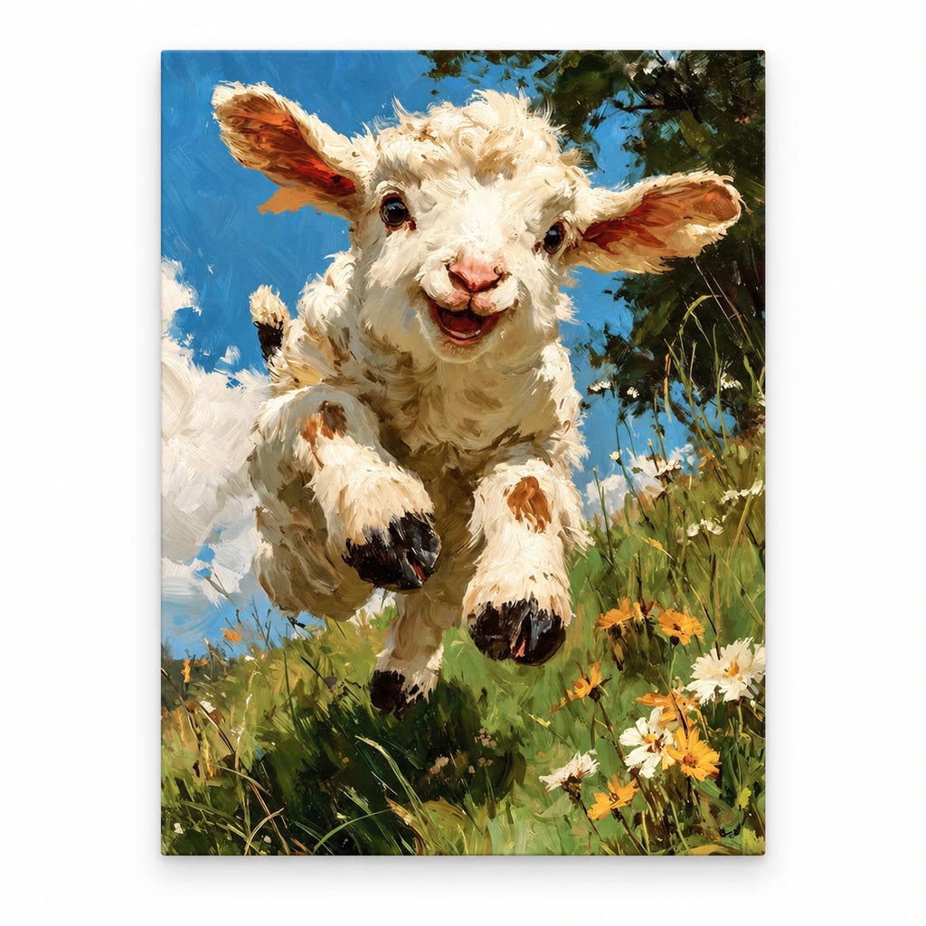 Blue Sky Leaping Lamb paint by numbers artwork on a front-facing canvas against a white background