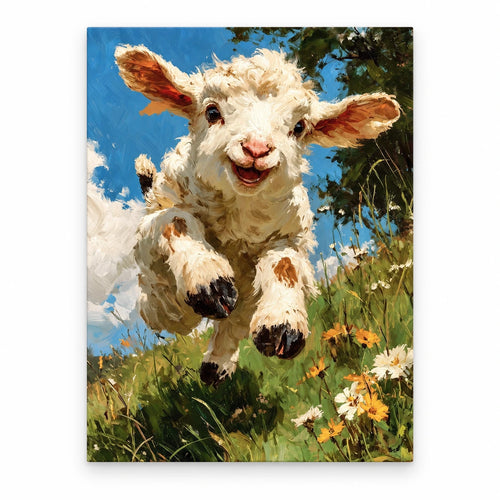 Blue Sky Leaping Lamb paint by numbers artwork on a front-facing canvas against a white background