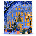 Blue Snowy European Christmas Building paint by numbers artwork on a front-facing canvas against a white background