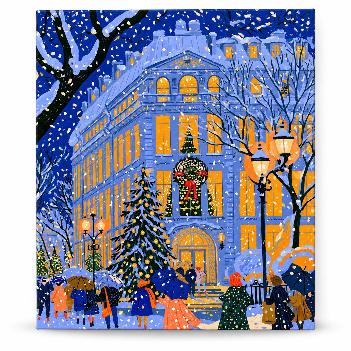 Blue Snowy European Christmas Building paint by numbers artwork on a front-facing canvas against a white background