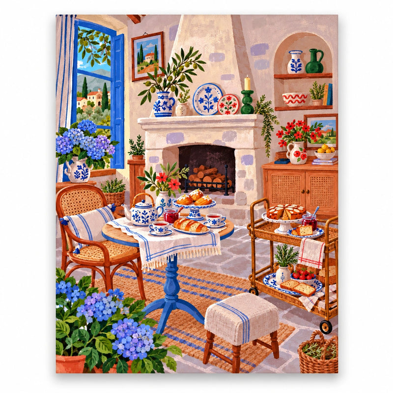 Blue Window Hydrangea Fireplace Tea Room paint by numbers artwork on a front-facing canvas against a white background