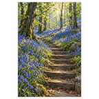 Complete Bluebell Woodland Stone Steps paint by numbers artwork on a front-facing canvas against a white background.