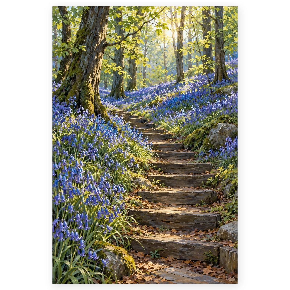 Complete Bluebell Woodland Stone Steps paint by numbers artwork on a front-facing canvas against a white background.
