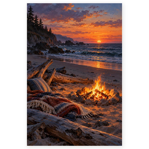 Bonfire Beach Autumn Equinox Paint by Numbers Kit artwork on a front-facing canvas against a white background.