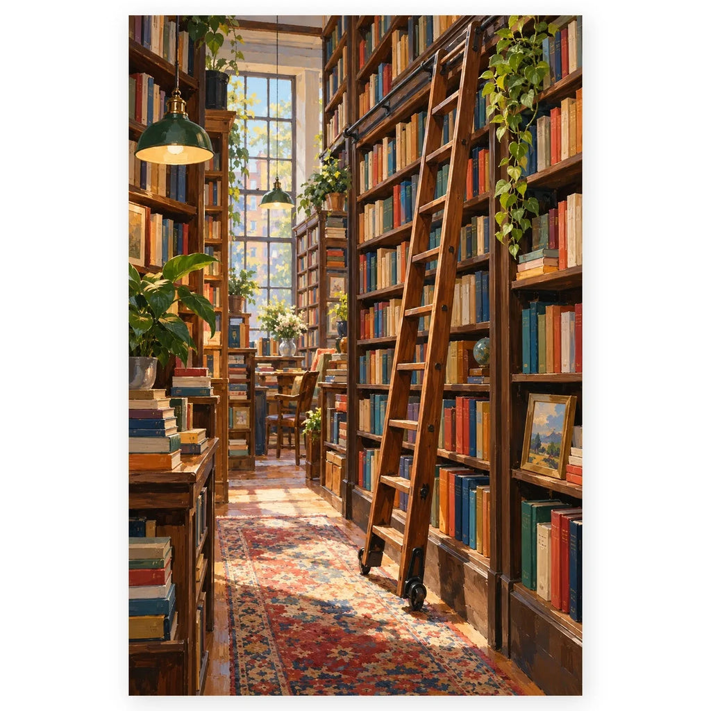 `01-bookshop-ladder-narrow-aisle-hero.webp` — Full Bookshop Ladder Narrow Aisle paint by numbers artwork on a clean white square, complete design shown at its original proportions with a subtle soft shadow.