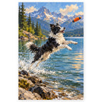 Border Collie Lake Leap paint by numbers artwork on a front-facing canvas against a white background