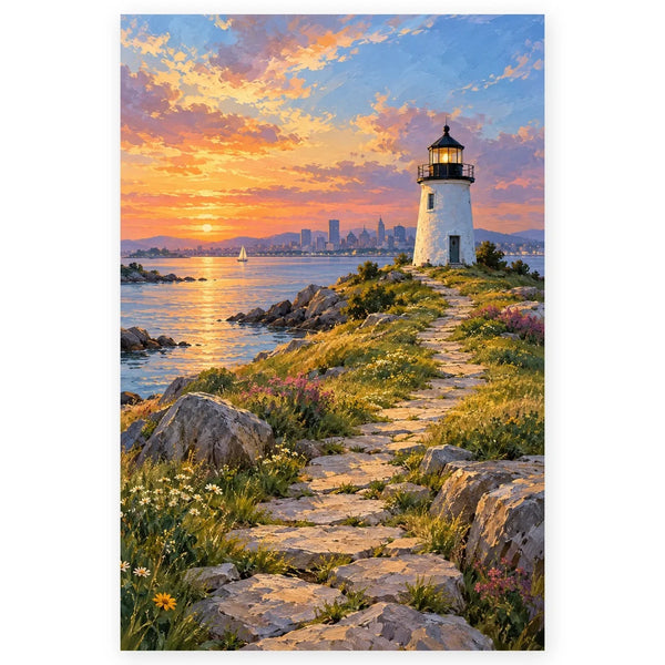 Full boston lighthouse island path paint by numbers artwork on a clean white background.