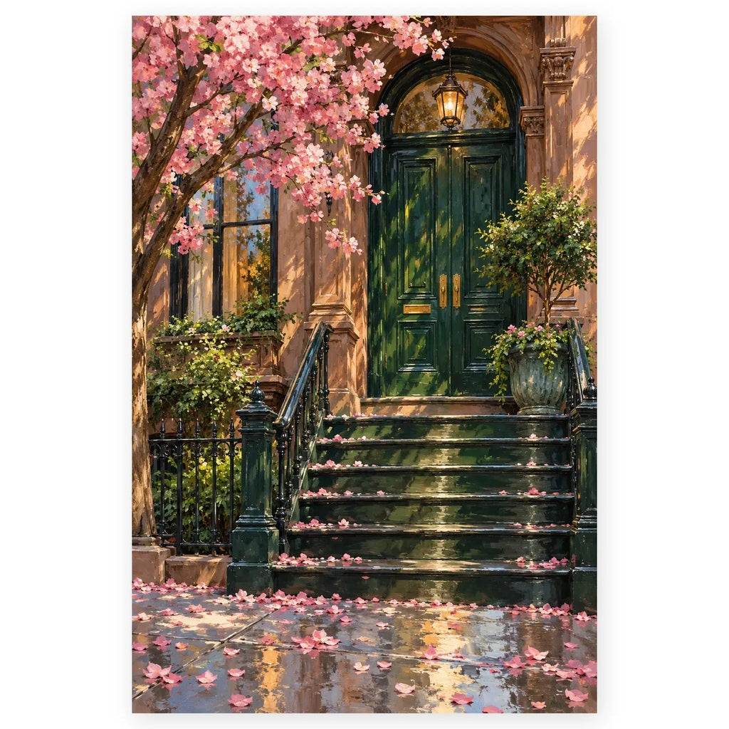 Full brooklyn brownstone spring door paint by numbers artwork on a clean white background.