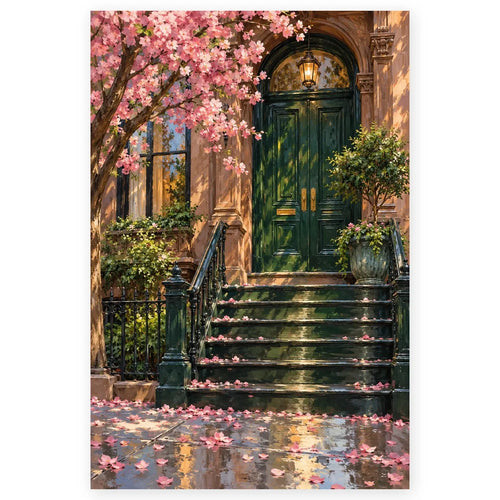 Full brooklyn brownstone spring door paint by numbers artwork on a clean white background.