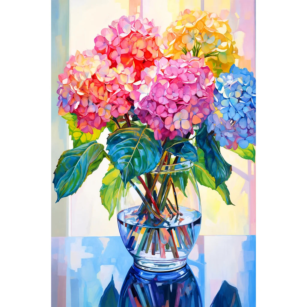 Pastel hydrangea bouquet artwork, completed diamond painting kit