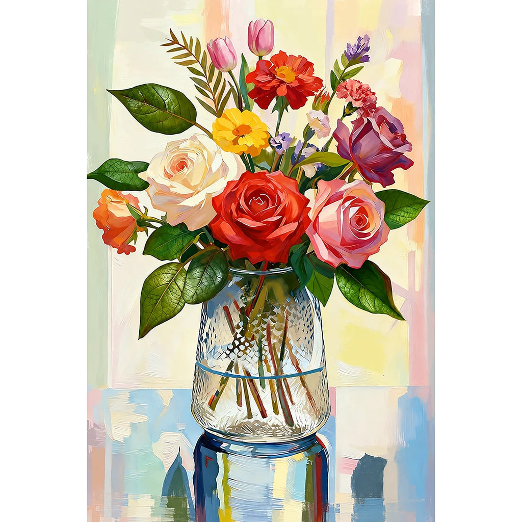 Colorful rose and tulip bouquet artwork, completed diamond painting kit