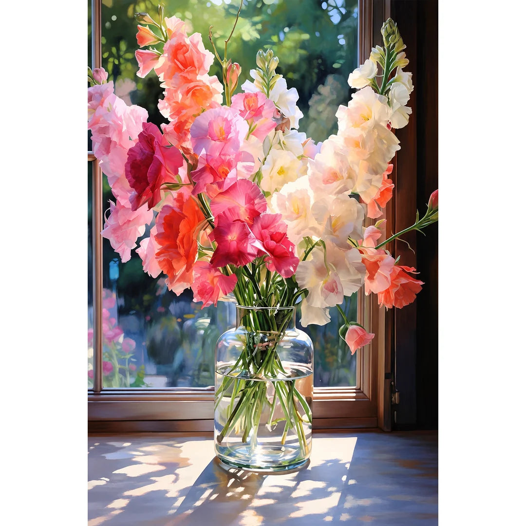 Gladiolus bouquet by a window, completed diamond painting kit