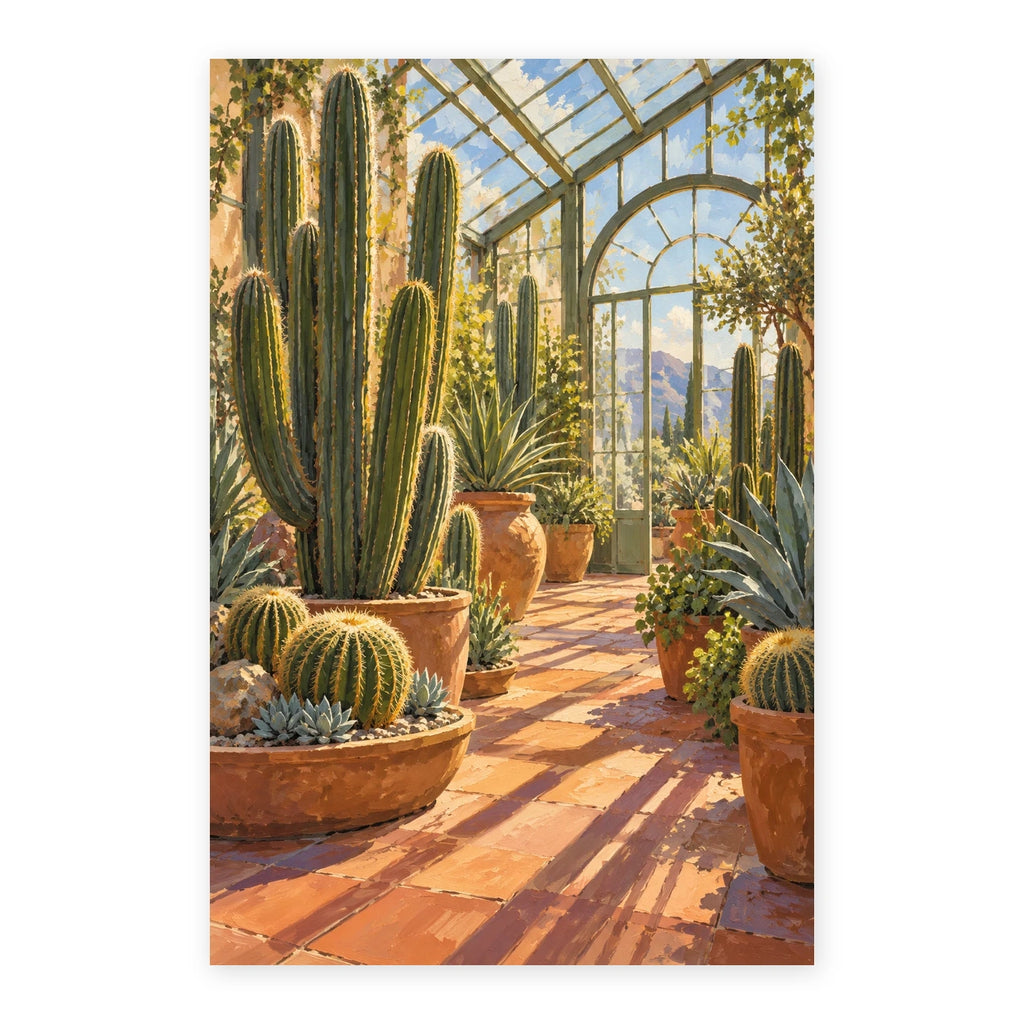 Tall cactus and succulents in a sunlit greenhouse paint by numbers canvas shown in full on a white background.