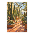 Tall cactus and succulents in a sunlit greenhouse paint by numbers canvas shown in full on a white background.