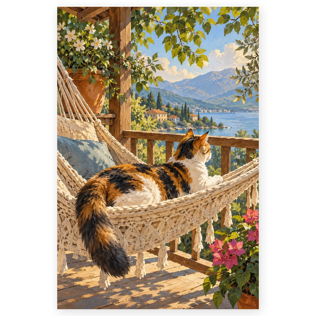 Calico Cat Seaside Hammock paint by numbers artwork on a front-facing canvas against a white background