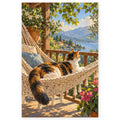 Calico Cat Seaside Hammock paint by numbers artwork on a front-facing canvas against a white background