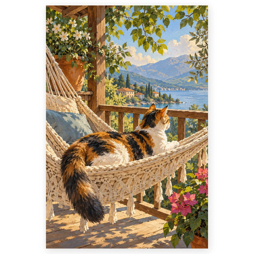 Calico Cat Seaside Hammock paint by numbers artwork on a front-facing canvas against a white background