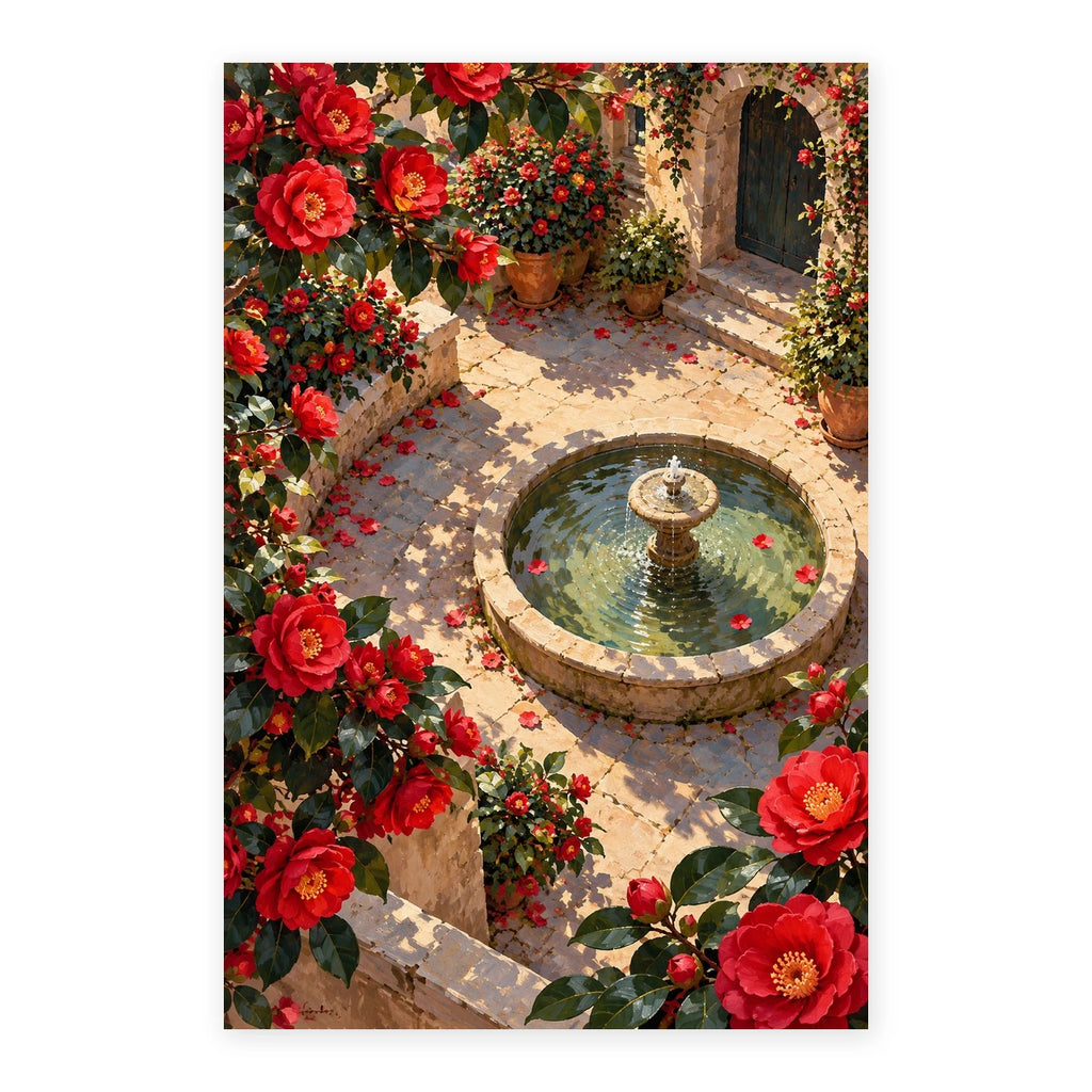 Camellia Courtyard Fountain paint by numbers artwork on a front-facing canvas against a white background