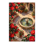 Camellia Courtyard Fountain paint by numbers artwork on a front-facing canvas against a white background