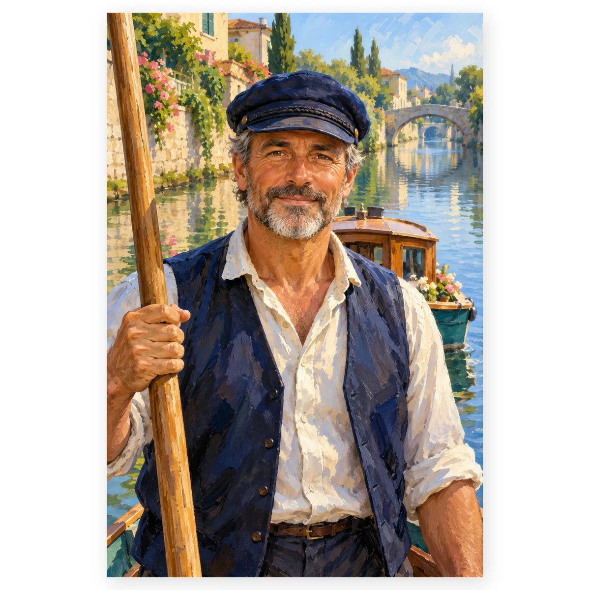 A smiling canal boatman in a navy cap stands before his wooden boat on a sunny flower-lined canal. Full original portrait artwork on a clean white background with a subtle soft shadow and original proportions preserved.