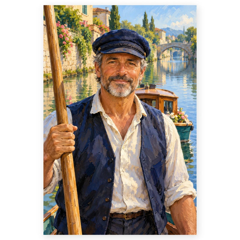 A smiling canal boatman in a navy cap stands before his wooden boat on a sunny flower-lined canal. Full original portrait artwork on a clean white background with a subtle soft shadow and original proportions preserved.